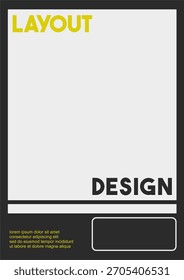 Modern Vector Template with Minimalist Geometric Design: Dark Charcoal Background Featuring a Top White Block, Bold 'LAYOUT DESIGN' Typography in Yellow and Black, and Clean White Divider Lines, Ideal