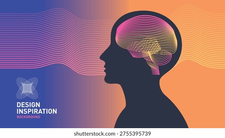 Modern vector template on The Theme of Abstract Technologies, Human Brain, Health Monitoring, Artifical Intelligence. Cover Design.  Gradient Waves background in purple colors with Human Head Profile and Abstract Brain