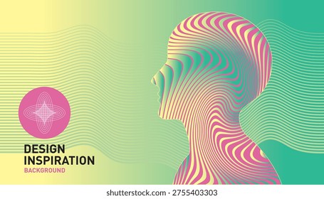 Modern Vector Template on The Theme of Abstract Technologies, Human Brain, Health Monitoring, Artifical Intelligence. Cover Design.  Gradient Waves background in purple colors with Human Head Profile and Abstract Brain