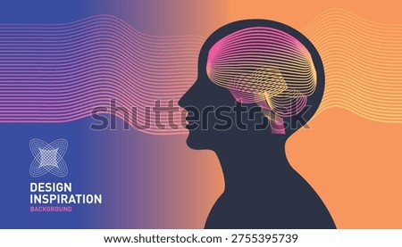Modern vector template on The Theme of Abstract Technologies, Human Brain, Health Monitoring, Artifical Intelligence. Cover Design.  Gradient Waves background in purple colors with Human Head Profile and Abstract Brain