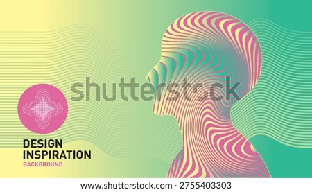 Modern Vector Template on The Theme of Abstract Technologies, Human Brain, Health Monitoring, Artifical Intelligence. Cover Design.  Gradient Waves background in purple colors with Human Head Profile and Abstract Brain