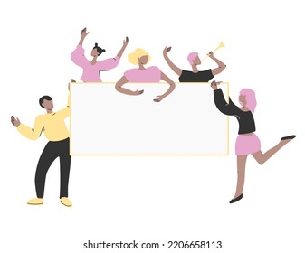 Modern vector template with people holding banner on white background.