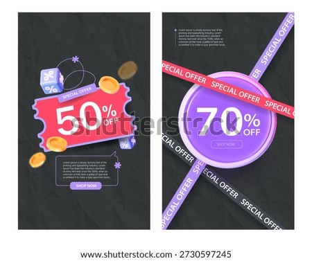 Modern vector template for sales and discounts. 50% and 70% off offers with coins, percent cubes and promo ribbons. Great for marketing and online shopping.