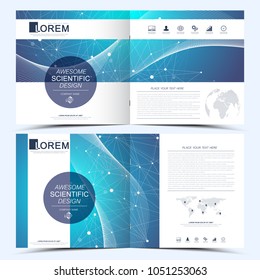 Modern vector template for square brochure, leaflet, flyer, cover, catalog, magazine, annual report. Business, science and technology design book layout. Graphic background molecule and communication