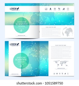 Modern vector template for square brochure, leaflet, flyer, cover, catalog, magazine, annual report. Business, science and technology design book layout. Graphic background molecule and communication