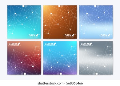 Modern vector template for square brochure, Leaflet, flyer, cover, booklet, magazine or annual report. Geometric background molecule and communication. Cybernetic dots. Lines plexus. Card surface