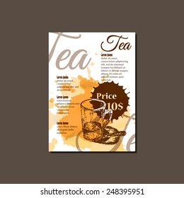 Modern Vector Template for Tea Brochure, Report, Poster, Banner or Flyer Design. Watercolor paint Background and sketch style glass cup.Can be used for business design.