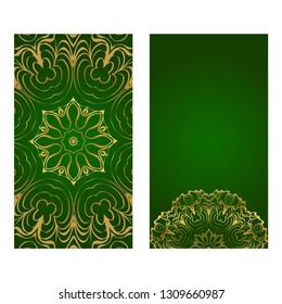 Modern Vector Template With Tribal Mandalas. For Brochure, Flyer, Cover, Magazine. Green gold color.