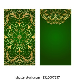 Modern Vector Template With Tribal Mandalas. For Brochure, Flyer, Cover, Magazine. Green gold color.