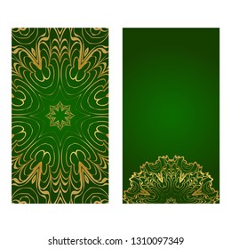 Modern Vector Template With Tribal Mandalas. For Brochure, Flyer, Cover, Magazine. Green gold color.