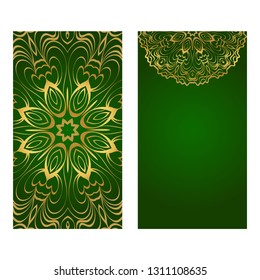 Modern Vector Template With Tribal Mandalas. For Brochure, Flyer, Cover, Magazine. Green gold color.