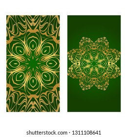 Modern Vector Template With Tribal Mandalas. For Brochure, Flyer, Cover, Magazine. Green gold color.