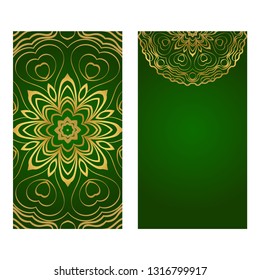Modern Vector Template With Tribal Mandalas. For Brochure, Flyer, Cover, Magazine. Green gold color.