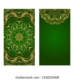 Modern Vector Template With Tribal Mandalas. For Brochure, Flyer, Cover, Magazine. Green gold color.