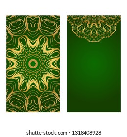 Modern Vector Template With Tribal Mandalas. For Brochure, Flyer, Cover, Magazine. Green gold color.