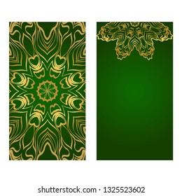 Modern Vector Template With Tribal Mandalas. For Brochure, Flyer, Cover, Magazine. Green gold color.