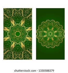 Modern Vector Template With Tribal Mandalas. For Brochure, Flyer, Cover, Magazine. Green gold color.