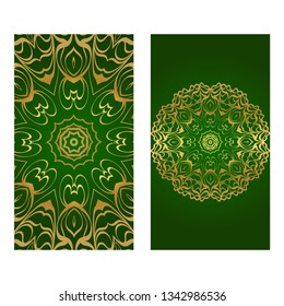Modern Vector Template With Tribal Mandalas. For Brochure, Flyer, Cover, Magazine. Green gold color.