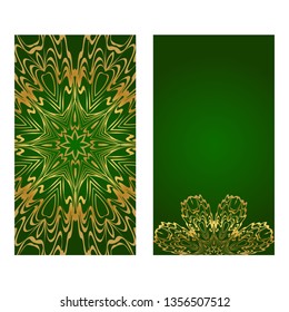 Modern Vector Template With Tribal Mandalas. For Brochure, Flyer, Cover, Magazine. Green gold color.