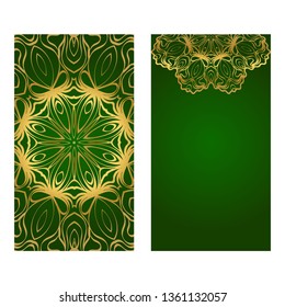 Modern Vector Template With Tribal Mandalas. For Brochure, Flyer, Cover, Magazine. Green gold color.