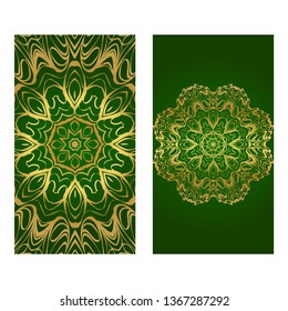 Modern Vector Template With Tribal Mandalas. For Brochure, Flyer, Cover, Magazine. Green gold color.