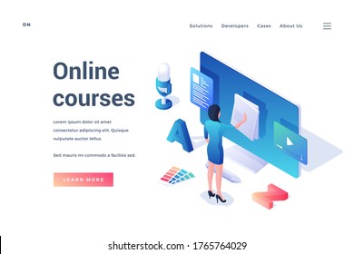 Modern vector template of website banner with isometric female student using online course resource for education isolated on white background
