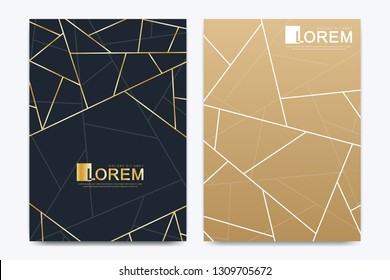 Modern vector template wedding invitation cards with marble texture background and golden geometric lines in the A4 size.