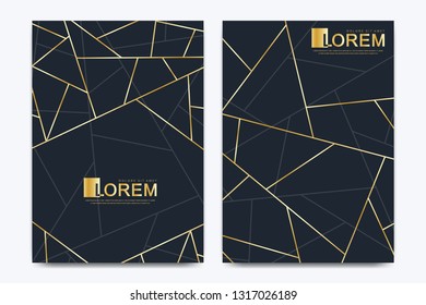 Modern vector template wedding invitation cards with marble texture background and golden geometric lines in the A4 size.