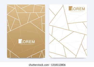Modern vector template wedding invitation cards with golden geometric lines in the A4 size.