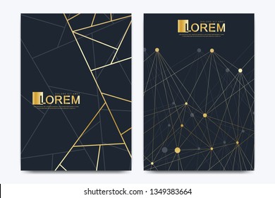 Modern vector template wedding invitation cards with marble texture background and golden geometric lines in the A4 size.