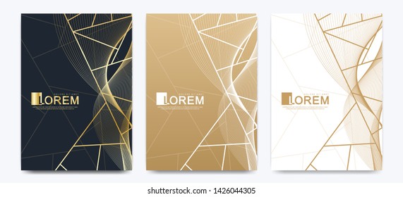 Modern vector template wedding invitation cards with marble texture background and golden geometric lines in the A4 size.