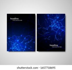 Modernas plantillas vectoriales para portada A4. Fondo geométrico abstracto con líneas y puntos conectados, molécula o átomo . Diseño empresarial, científico, médico y tecnológico.