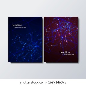 Moderne Vorlagen für die Vektorillustration der A4-Broschüre. Abstrakter geometrischer Hintergrund mit verbundenen Linien und Punkten , Molekül oder Atom . Business, Science, Medizin und Technologiedesign.