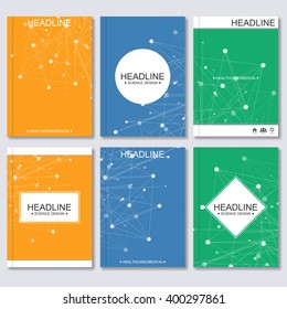 Modern vector templates for brochure, business flyer, cover magazine or report in A4 size. Molecule structure and communication, Science vector background.