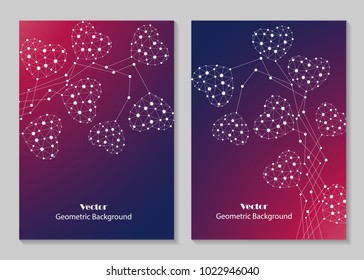 Modern vector templates for brochure cover in A4 size. Abstract hearts made of connected lines and dots on colored background.