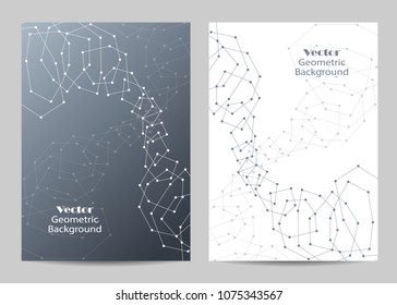 Modern vector templates for brochure cover in A4 size. Abstract geometric background with connected lines and dots. Business, science, medicine and technology design.