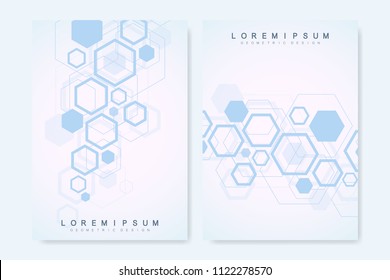 Modern vector templates for brochure, cover, banner, flyer, annual report, leaflet. Abstract art composition with hexagons. Hexagon infographic. Digital technology, science or medical concept