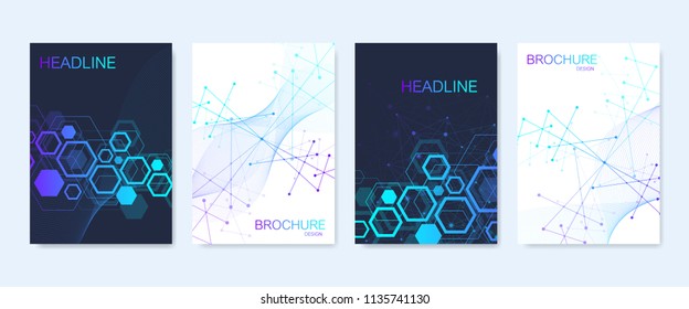Modern vector templates for brochure, cover, banner, flyer, annual report, leaflet. Abstract art composition with hexagons, connecting lines and dots. Wave flow. Digital technology or medical concept
