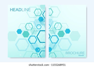 Modern vector templates for brochure, cover, banner, flyer, annual report, leaflet. Abstract art composition with hexagons, connecting lines and dots. Digital technology or medical concept