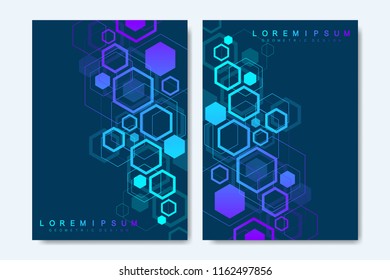 Modern vector templates for brochure, cover, banner, flyer, annual report, leaflet. Abstract art composition with hexagons, connecting lines and dots. Digital technology or medical concept