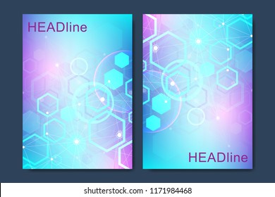 Modern vector templates for brochure, cover, banner, flyer, annual report, leaflet. Abstract art composition with hexagons, connecting lines and dots. Digital technology or medical concept