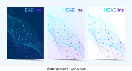 Modern vector templates for brochure, cover, banner, flyer, annual report, leaflet. Abstract art composition with connecting lines and dots. Wave flow. Digital technology, science or medical concept.