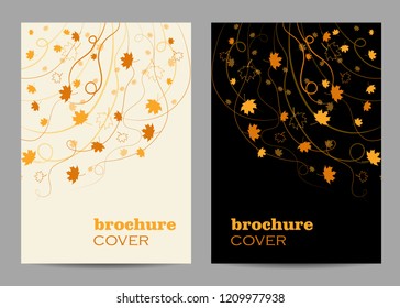Modern vector templates for brochure cover in A4 size. Autumn maple leaves on white and black backgrounds. Vector illustration