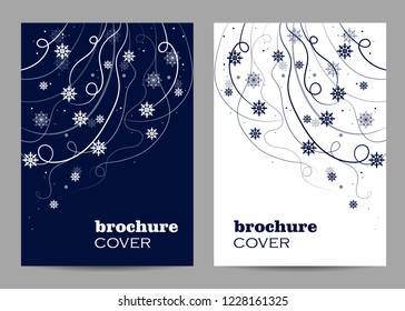 Modern vector templates for brochure cover in A4 size. Beautiful winter pattern with snowflakes and swirls.