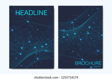 Modern vector templates for brochure, cover, banner, flyer, annual report, leaflet. Abstract art composition with connecting lines and dots. Waves flow. Digital technology, science or medical concept.