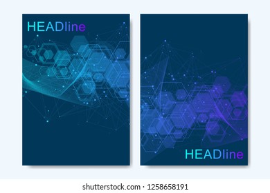 Modern vector templates for brochure, cover, banner, flyer, annual report, leaflet. Abstract art composition with connecting lines and dots. Wave flow. Digital technology, science or medical concept