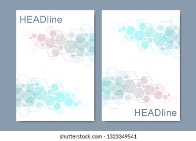 Modern vector templates for brochure, cover, banner, flyer, annual report, leaflet. Hexagonal molecular structures. Futuristic technology background in science style. Graphic hex background.