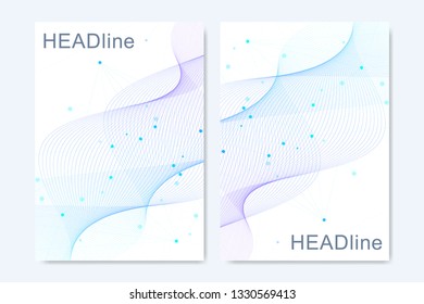 Modern vector templates for brochure, cover, banner, flyer, annual report, leaflet. Abstract art composition with connecting lines and dots. Wave flow. Digital technology, science or medical concept.