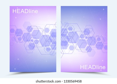 Modern vector templates for brochure, cover, banner, flyer, annual report, leaflet. Hexagonal molecular structures. Futuristic technology background in science style. Graphic hex background.