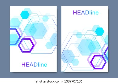 Modern vector templates for brochure, cover, banner, flyer, annual report, leaflet. Hexagonal molecular structures. Futuristic technology background in science style. Graphic hex background.